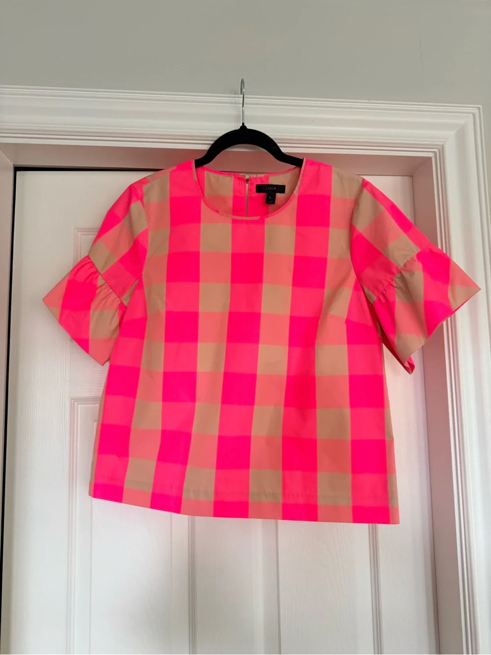 J. Crew Neon Pink & Tan Gingham Ruffle Sleeve Top - Picture 1 of 3